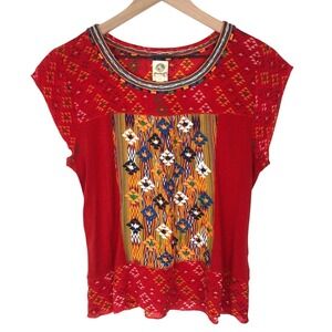 TINY Anthropologie Embroidered Top Sz S Red Boho Casual Festival Short Sleeve‎